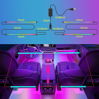 Nilight 72 LED USB Interior Strip Lights Dream Color RGB-IC 12V DC with App RF Remote Control Multicolor Footwell Under Dash Chasing Inside Light Kits 2 Lines Music Sync Mode for Cars Truck ATV UTV