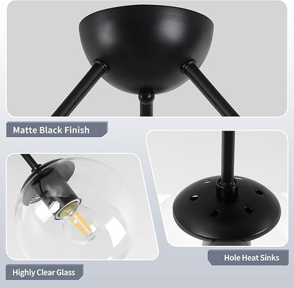 Bagood Mid-Century Modern Semi Flush Mount Ceiling Light 3 Lights Clear Glass Modern Globe Ceiling Light Matte Black Sputnik Chandeliers for Hallway Entryway Kitchen Bedroom Laundry(Bulb Incl.)