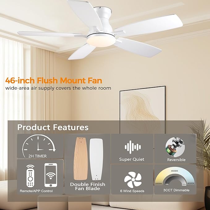JSAITEE 46in Ceiling Fans with Lights - Flush Mount Low Profile Ceiling Fan with DC Motor, 6 Speeds 3CCT Dimmable, Modern Indoor Fan Light Fixtures for Bedroom, Kitchen, White