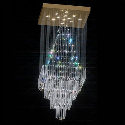 Flashing God D32''X H100'' Extra Large Chandeliers for High Ceilings Square Crystal Raindrop Gold Chandeliers Large Villa Chandelier Entrance Foyer Ceiling Light LED Dimmable 2700K-6000K
