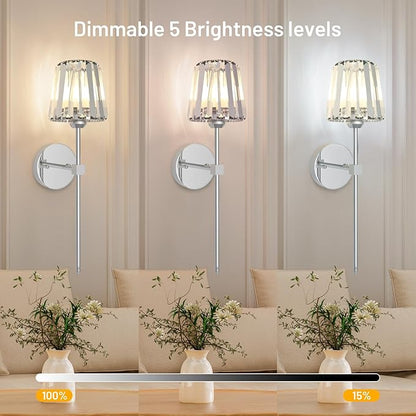 Crystal Battery Operated Wall Sconces Set of 2, Chrome Rechargeable Wireless Wall Lights with Crystal Lampshade, 12 RGB and 3CCT Dimmable Wall Lamps with Remote for Bedroom Living Room Hallway