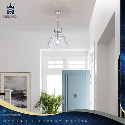 Glass Pendant Light, 13.8 Inch Single Hanging Ceiling Light with Adjustable Chain, E26 Base Oversized Hammered Clear Glass Kitchen Island Pendant Lighting in Polished Chrome for Dining Room, Entryway