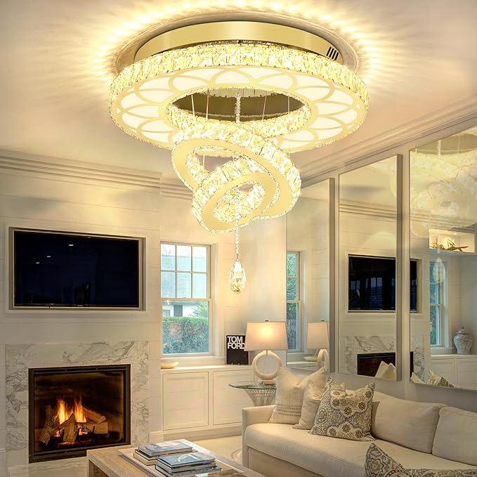 Flashing God Dia 24" Modern Crystal Chandelier for Living Room Gold Ceiling Chandelier Flush Mount Crystal Ceiling Light for Dining Room Bedroom Hallway