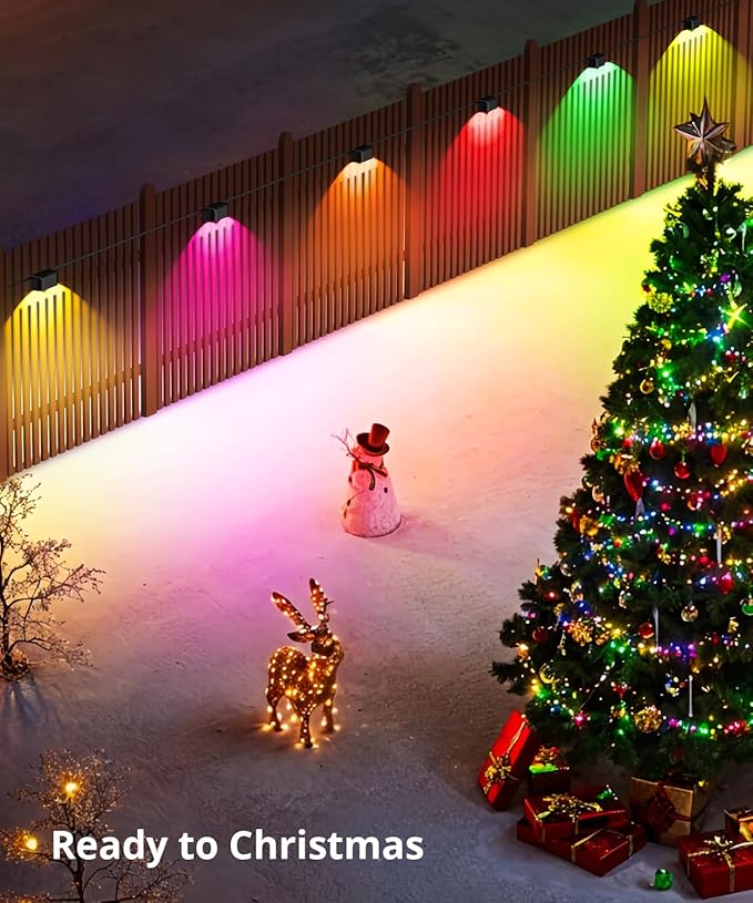 Outdoor Deck Lights 8 Packs, Smart RGBCW Fence Light, 100+ Scene Modes, Dual Lens LED String Lights with APP/Voice/Remote Control, IP65 Waterproof for Halloween Christmas Decor, 52ft Black