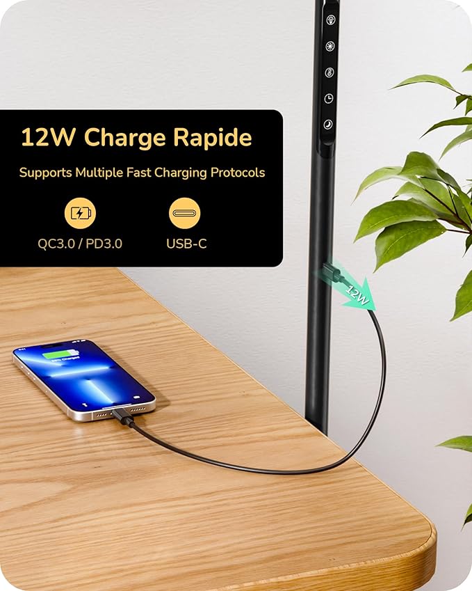 EDISHINE LED Floor Lamp for Reading, 1600LM Bright Dimmable Lamp with Type-C Port, Head & Arm Rotating, 3000K-6000K Tall Modern Minimalist Standing Light for Living Room, Bedroom, Office, Black