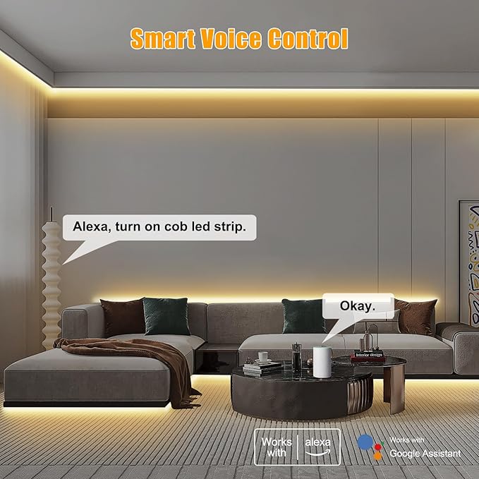 Tatazone 16.4ft Tunable White Smart COB Led Strip Light Kit, CCT 2700K-6500K Bright COB Led Tape Light Compatible with Alexa and Google, Dimmable Indoor COB Led Ribbon for Kitchen Cabinet, Room, TV
