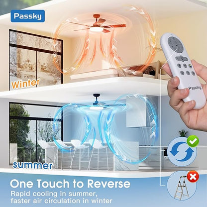 Passky Ceiling Fans with Lights, 52 inch Sleek Ceiling Fan with Light and Remote Control, 3CCT, Dimmable, Reversible, Noiseless, Black Ceiling Fan for Bedroom, Living Room