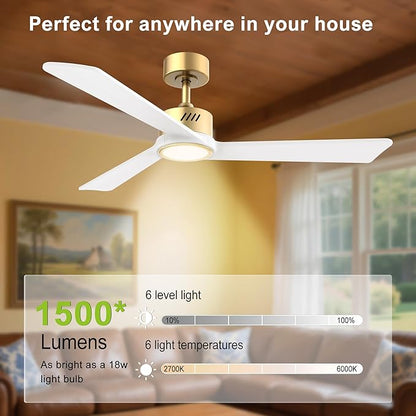 DAMINY Natural Solid Wood White and Gold 52 inch Ceiling Fan with Light,3 Blades,6CCT,Low Profile Ceiling Fan with Light and Remote Control