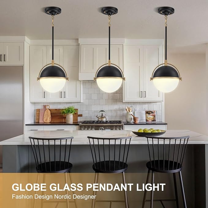 9.5 Inch Black and Gold Globe Pendant Lights Kitchen Island, Mid Century Modern Pendant Light Fixtures with Milk Glass Lampshade, Adjustable Pendant Lights for Dining Room Cafes Restaurants