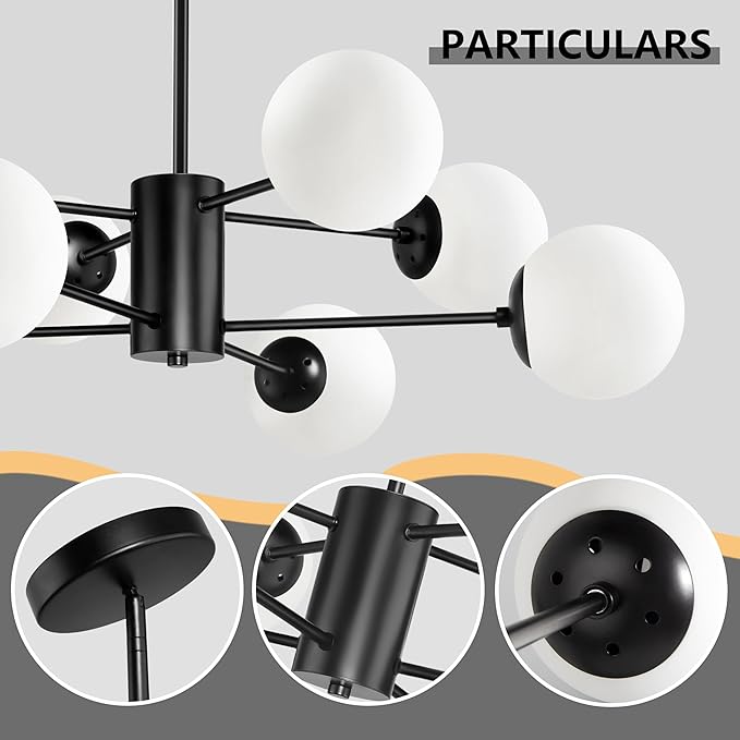 Bagood 8-Light Globe Sputnik Chandelier Black Mid Century Modern Light Fixture Matte Black Finished with White Frosted Globe Glass Lampshade Sputnik Chandeliers for Dining Room Bedroom Kitchen Island
