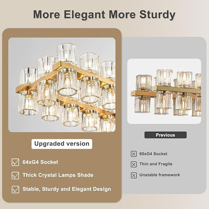Crystal Gold Rectangular Chandelier for Dining Room, 54 in Light Fixture Dining Room Chandeliers Over Table, Modern Crystal Chandeliers Pendant Light for Kitchen Island, Living Room