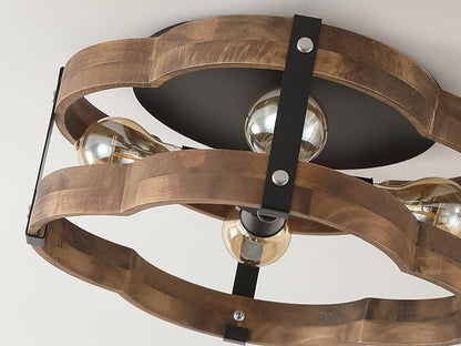 4-Light Rustic Farmhouse Wood Flush Mount Ceiling Light Fixture 14.17 inch Oak Wood and Metal Cloud Cage Semi Flush Mount Ceiling Light for Hallway Hall Entry Bedroom Farmhouse Indoor, Black