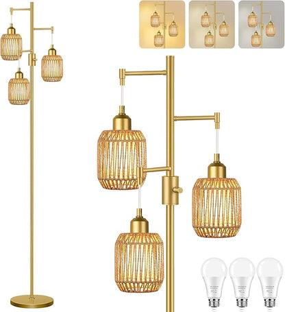 ZECOXOL Boho Floor Lamp for Living Room Bedroom-3 Light Dimmable Floor Lamp with Three Led Bulb, Rustic Tall Lamp Black Standing Lamp Tree Floor Lamps for Living Room