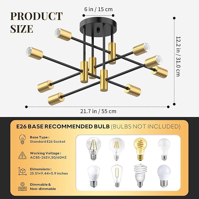Modern Sputnik Chandelier Ceiling Light Fixture, 8-Light Mid Century Industrial Semi Flush Mount Light for Dining Room, Kitchen Island, Bedroom, Living Room, Matte Black and Gold, Adjustable Arms