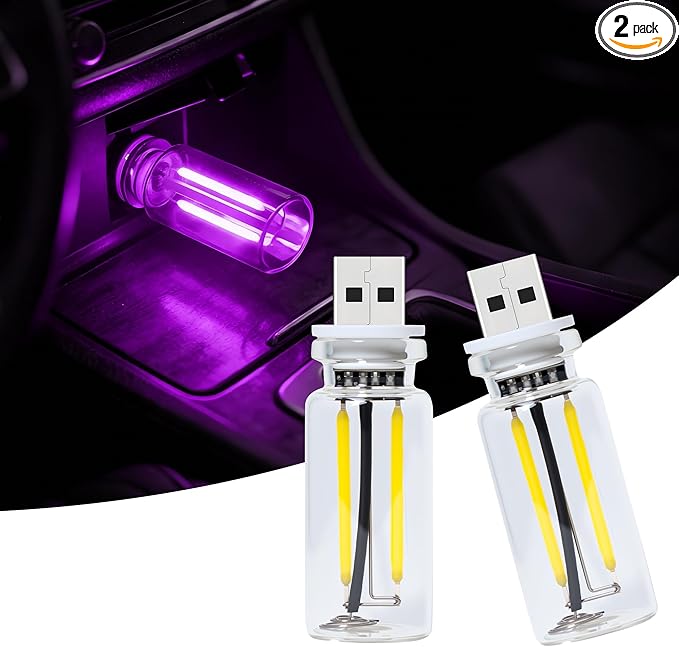 2 Packs USB Light for Car, Touch Dimmable Car Interior Ambient Lights - Portable Mini USB LED Light Bulb, Retro Glass Bottle Night Light for Vehicle, Bedroom, Hallway, Camping (Purple)