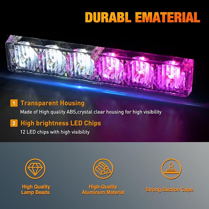 Nilight 12LED Emergency Strobe Traffic Advisor Light Bar 2 in 1 Purple White Dash Warning Safety Flashing Lights Front/Rear Windshield Construction Lights for Trucks Cars Plow Police Vehicles