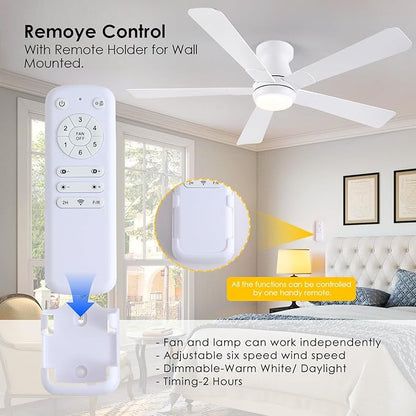 Hounberi 52" Flush Mount Ceiling Fan with Lights and Remote, Modern Black Low Profile Ceiling Fan, Quiet Reversible DC Motor, 3CCT Dimmable LED, Ideal for Bedroom, Kitchen and Low Ceilings, White