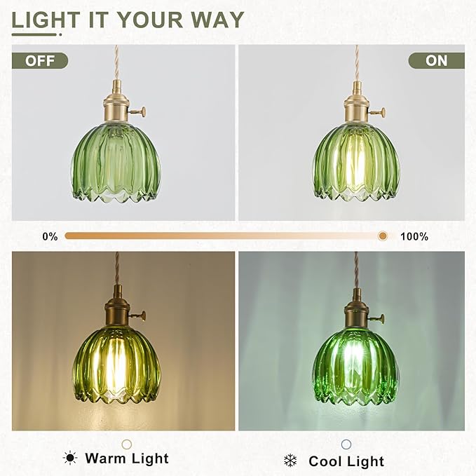Mini Pendant Lights Kitchen Island 3 Pack, Small Adjustable Pendant Light Fixture with Green Tulip Glass Lampshade, Vintage Gold Pendant Lighting, Pendant Light for Bedroom Dining Room Hallway