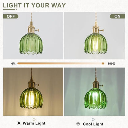 Plug in Pendant Light Fixtures, Hanging Light Fixture Vintage Glass Pendant Light, Mini Green Tulip Hanging Lamp, Pendant Lighting for Kitchen Island, Bedroom, Dining Room, Living Room