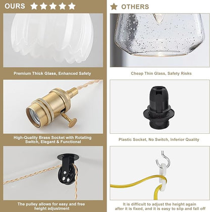 2 Pack Plug in Pendant Light Fixtures, Hanging Light Fixture Vintage Glass Pendant Light, Mini Milk White Tulip Hanging Lamp, Pendant Lighting for Kitchen Island, Bedroom, Dining Room, Living Room