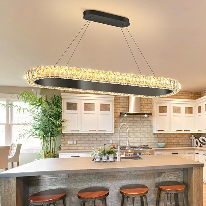 40'' Oval Ring Crystal Chandelier Modern LED Dimmable Ring Pendant Light Chandelier for Dining Room Living Room Black