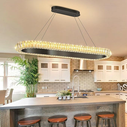 40'' Oval Ring Crystal Chandelier Modern LED Dimmable Ring Pendant Light Chandelier for Dining Room Living Room Black