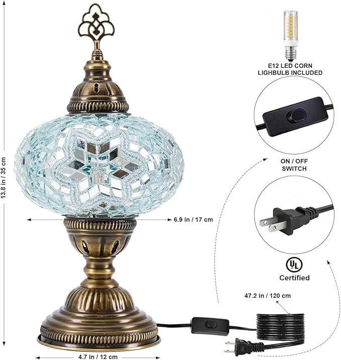 Turkish Lamp, Mosaic Table Lamp, Antique Moroccan Decorative Glass Bohemian Vintage Lamp Shade, Small Desk Tiffany Bedside Stained Glass Lamp with US Plug and E12 Socket
