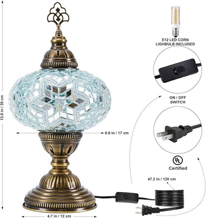 Turkish Lamp, Mosaic Table Lamp, Antique Moroccan Decorative Glass Bohemian Vintage Lamp Shade, Small Desk Tiffany Bedside Stained Glass Lamp with US Plug and E12 Socket