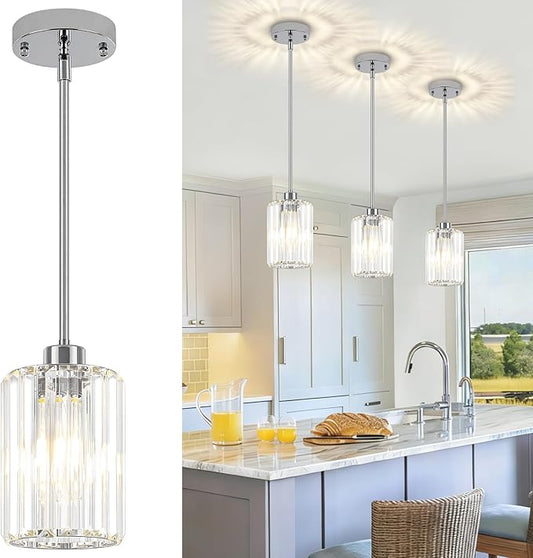 Chrome Crystal Pendant Lights Kitchen Island, Modern Kitchen Pendant Lighting Over Island Dining Room Light Fixtures Adjustable Hanging Pendant Light for Bathroom Hallway Entryway Bedroom Foyer