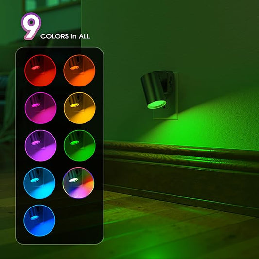 Night Lights Plug into Wall, 320° Rotation Night Light, RGB Color Changing Nightlight, Spot Light Dimmable Brightness, Dusk to Dawn Nightlight for Bedroom, Spot Light, Kids Room, Stair, 2 Pack