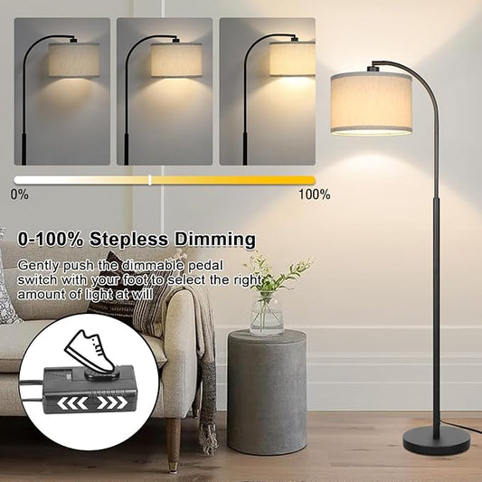 Modern Floor Lamp for Living Room, Arc Floor Lamp with Adjustable Hanging Shade, Black Light with Pedal Switch for Bedroom Study Room, 9W 3000K LED Bulb Included