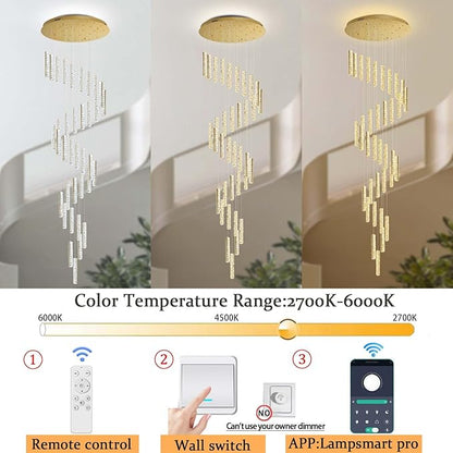 Large Spiral Stair Chandeliers for High Ceilings Long Crystal Chandelier for Foyer LED Dimmable 36-Light Gold 150 Inches High
