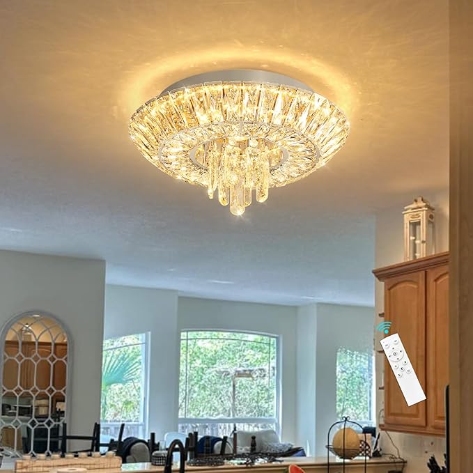 Crystal Chandelier 25W Modern Round Ceiling Light Fixture LED Raindrop Chandeliers Dimmable with Remote for Dining Room Living Room Entryway Hallway Bedroom Silver