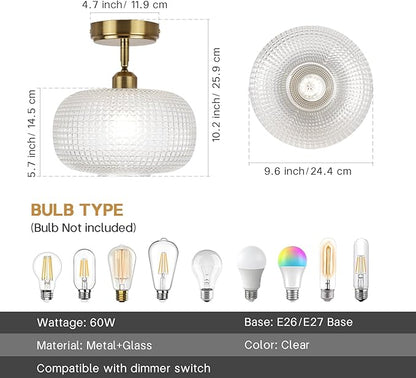 Glass Semi Flush Mount Ceiling Light Fixture, Gold Vintage Globe Lamp, Sloped Ceiling Adaptable, for Hallway, Kitchen, Bedroom, or Entryway, Modern Farmhouse Style Light for Dining Room