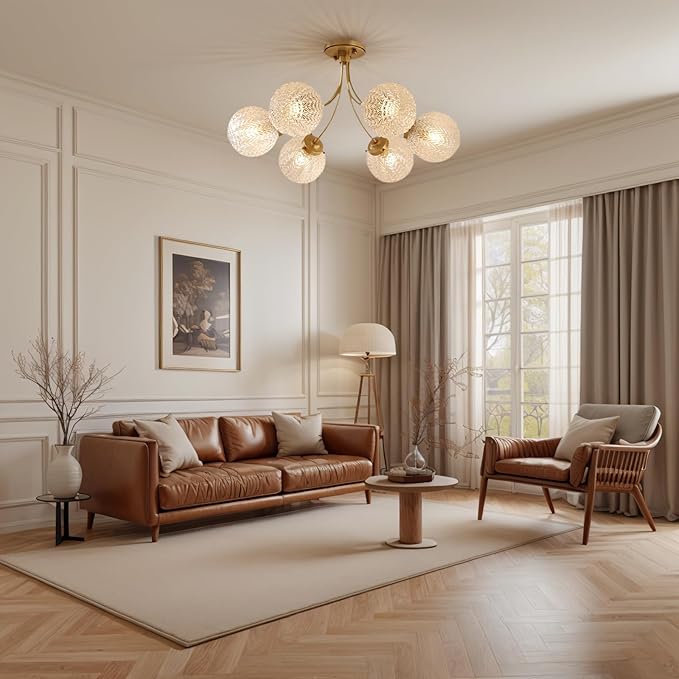 Glass Chandelier 6-Light Vintage Flush Mount Ceiling Light Gold Chandelier, Snowflake Globe Shade, Sputnik Brass Ceiling Light, Dining Room Chandelier for Kitchen Bedroom Living Room