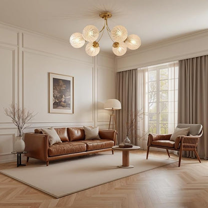 Glass Chandelier 6-Light Vintage Flush Mount Ceiling Light Gold Chandelier, Snowflake Globe Shade, Sputnik Brass Ceiling Light, Dining Room Chandelier for Kitchen Bedroom Living Room