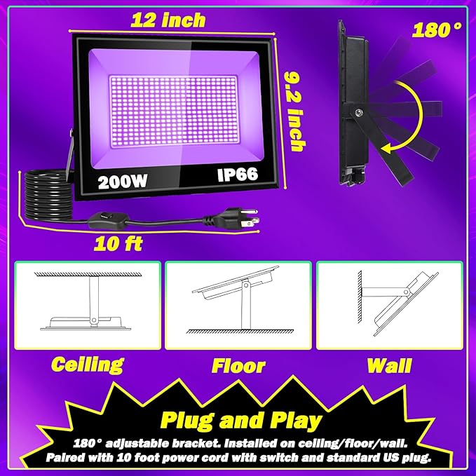 2 Pack 200W LED Black Light, Blacklight Flood With Plug & Switch, IP66 Waterproof Outdoor Spotlight for Neon Glow Party Fluorescent Poster Body Paint Stage Lighting Halloween Decor