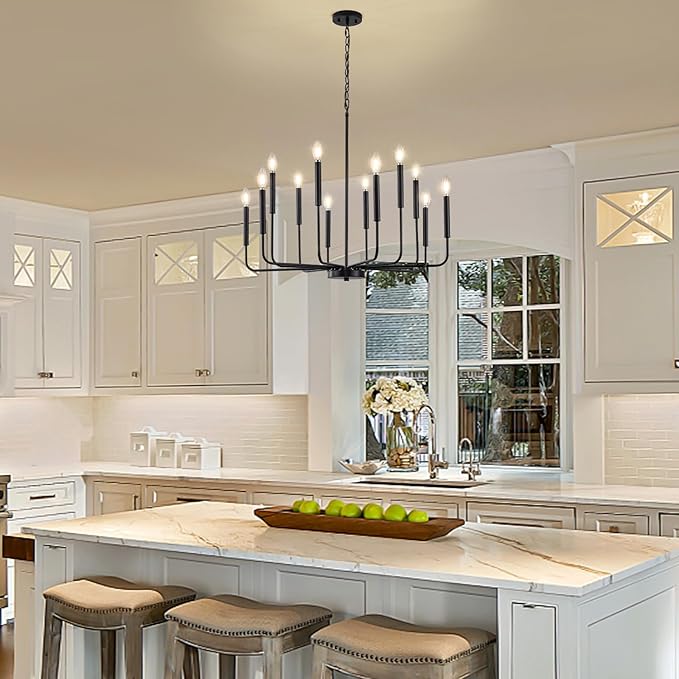 Modern Black Chandelier for Dining Room,Metal 12-Light Kitchen Light Fixtures, Farmhouse Candle Hanging Pendant Light for Living Room Entryway Foyer Bedroom (Bulbs Not Included)