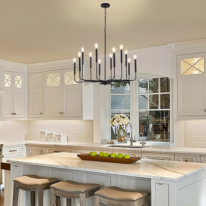 Modern Black Chandelier for Dining Room,Metal 12-Light Kitchen Light Fixtures, Farmhouse Candle Hanging Pendant Light for Living Room Entryway Foyer Bedroom (Bulbs Not Included)