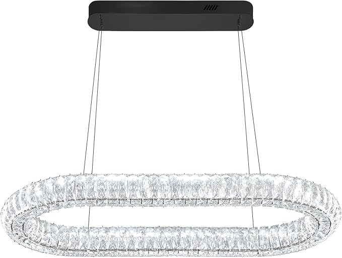 Crystal Ring Chandelier, 31.5'' Black Crystal Ring Pendant Light for Kitchen Island Modern Linear Oval Chandeliers for Dining Room Dimmable 3000K-6000K