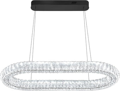 Crystal Ring Chandelier, 31.5'' Black Crystal Ring Pendant Light for Kitchen Island Modern Linear Oval Chandeliers for Dining Room Dimmable 3000K-6000K