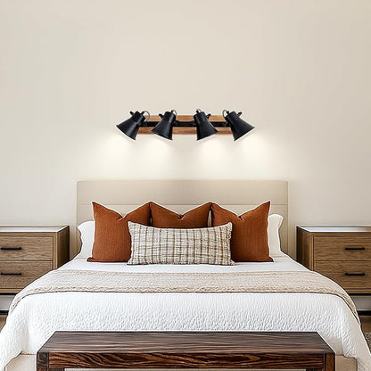 4-Lights Rustic Flush Mount Ceiling Light, Industrial Track Lighting Fixture, Rotatable Kitchen Track Lighting with Wood Base for Sink Dining Room, Living Room
