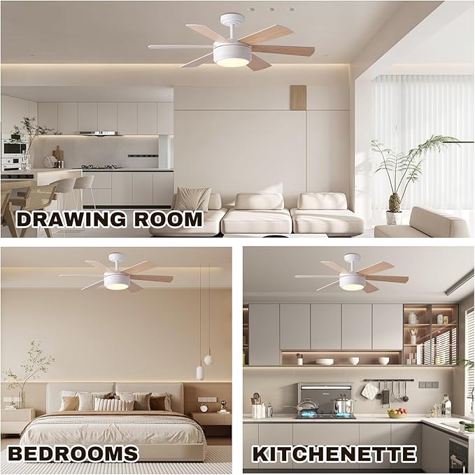SHOWDI Ceiling Fan with Lights and Remote, 6 Blade App Control Timer Reversible Stepless Brightness and Color Temperature Outdoor Wood Ceiling Fan with Lights (White, 42 Inch)