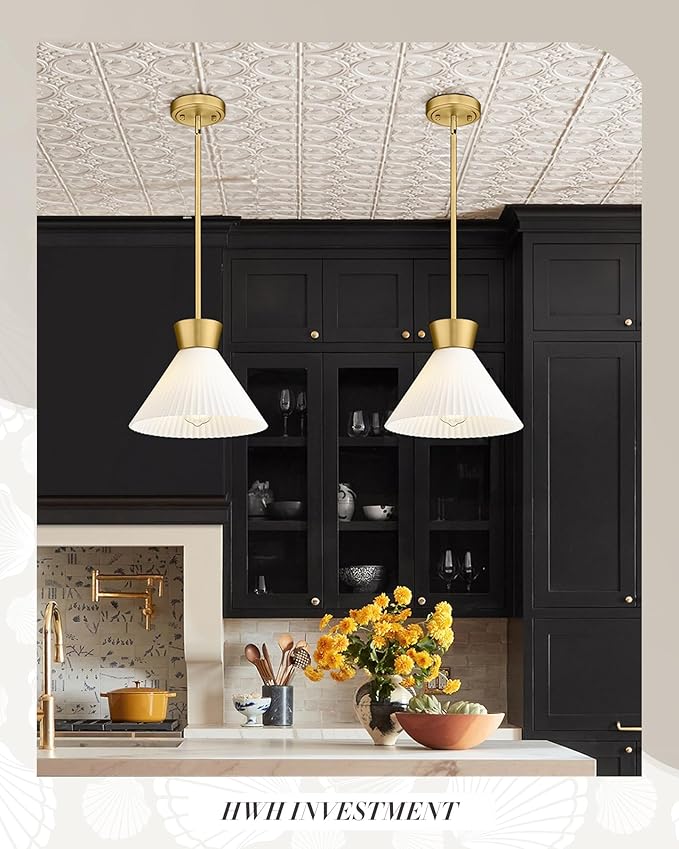 Modern Pendant Light White and Gold, HWH Large Kitchen Island Light Fixtures 16 Inch, 3-Light Hanging Lighting for Dinning Room Schoolhouse, Frosted Striped Glass Shade, 5HZG98MIL-M BG