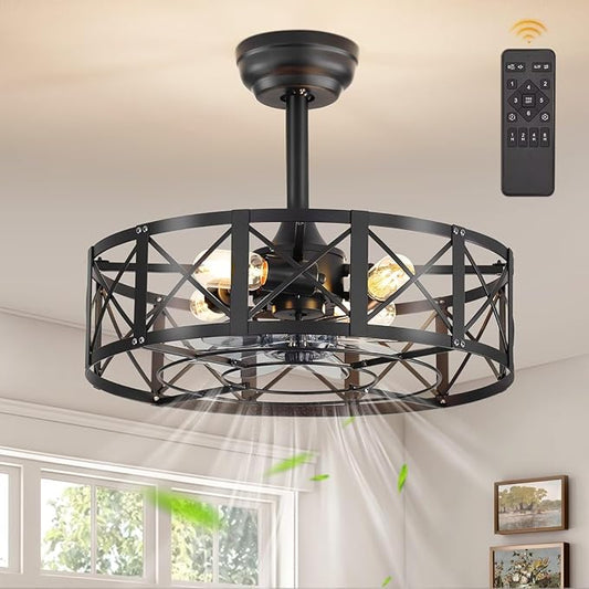 Fanbulous 20 Inch Fandelier Caged Ceiling Fans with Lights and Remote, Black Bladeless Ceiling Fan with 6 Speeds and Timing, Farmhouse Samll Fan Lights Ceiling Fixtures For Kitchen, Bedroom-Black
