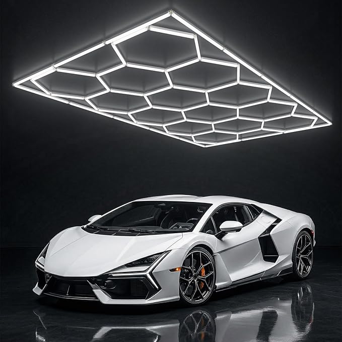 ALLYES Hexagon Garage Lights, LED Honeycomb Garage Lights, 538W 64560LM 6500K, 14 Grid Hexagon Light Set with Rectangle Frame for Workshop Showroom Detail Shop Gym
