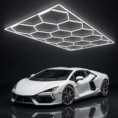 ALLYES Hexagon Garage Lights, LED Honeycomb Garage Lights, 538W 64560LM 6500K, 14 Grid Hexagon Light Set with Rectangle Frame for Workshop Showroom Detail Shop Gym