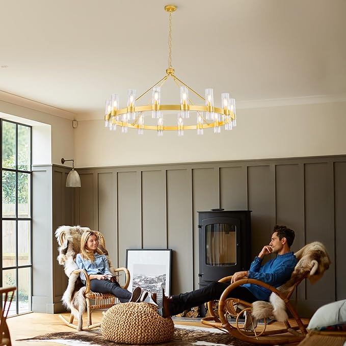 48 Inch Gold Chandelier, Wagon Wheel Chandelier with Glass Shade, 16-Lights Large Round Modern Farmhouse High Ceiling Pendant Lighting Fixtures for Dining Living Room, Kitchen Island, Foyer