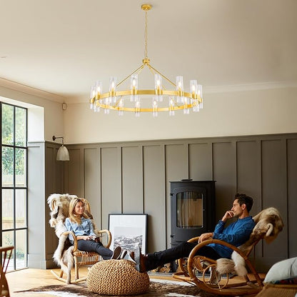 48 Inch Gold Chandelier, Wagon Wheel Chandelier with Glass Shade, 16-Lights Large Round Modern Farmhouse High Ceiling Pendant Lighting Fixtures for Dining Living Room, Kitchen Island, Foyer