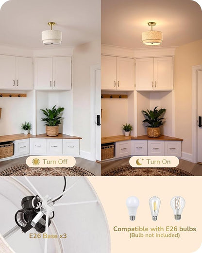 EDISHINE 12.6Inch Semi Flush Mount Ceiling Light, 3-Light Close to Ceiling Light Fixtures with Double Drum Linen Fabric Shade, Modern Mount Lamp for Bedroom Hallway Dining Room, Brushed Gold